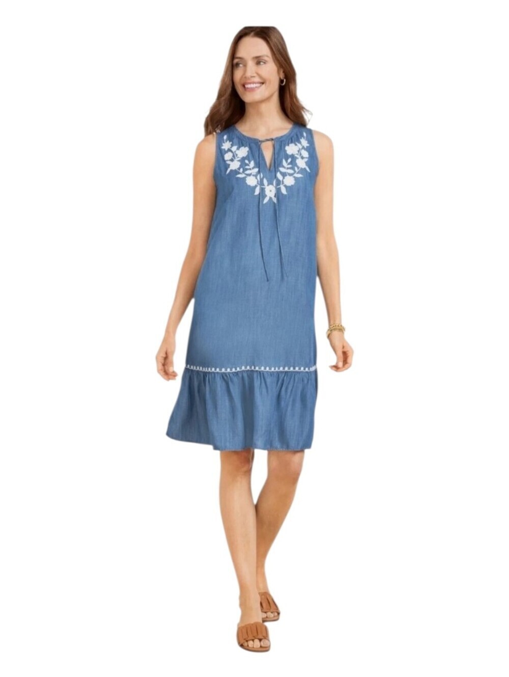 Talbots Womens Blue Floral Embroidered Drop Waist Chambray Dress Size P